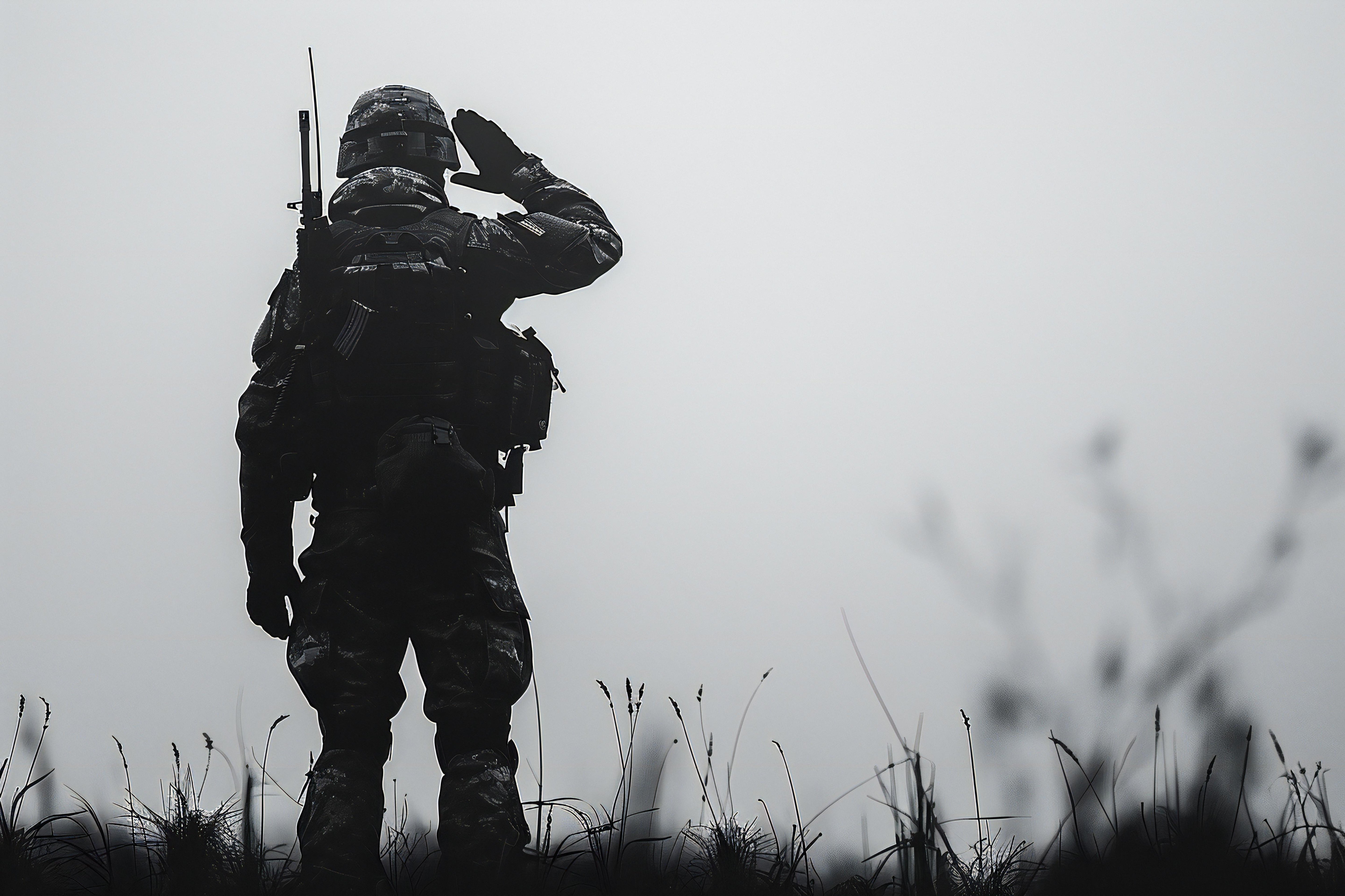Silhouette of a soldier saluting in a field with a foggy background