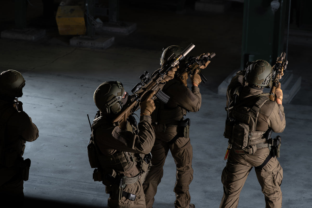 German police tactical officers wearing ballistic helmets during operational training